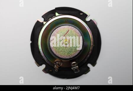 Audio speaker is on a white background with soft shadow, Hi-Fi audio system component, close-up photo, rear view Stock Photo