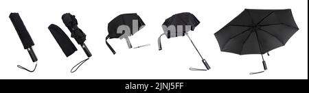Black rain umbrella set isolated on white: collapsed umbrella, covered, folded, unfolded, closed and open. Stock Photo