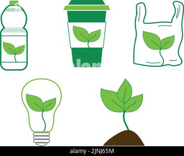 Plastic bag with disposable dishes, plastic cup and bottle. Flat vector illustration. Ecology concept. Stock Vector