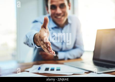 Handshake, deal and hiring HR manager extending his hand to negotiate, introduce or welcome candidate or sponsor. Data analyst, businessman or boss Stock Photo