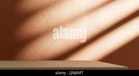 Empty wooden desk in room with light and shadow on orange wall. Product placement montage table top mockup. Home interior scene background. Stock Photo