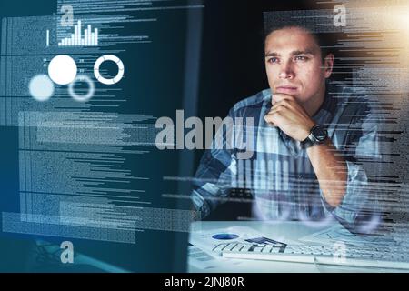 Computer programmer, software developer, or engineer working on computer database with futuristic CGI graphic data. Male information technology coder Stock Photo