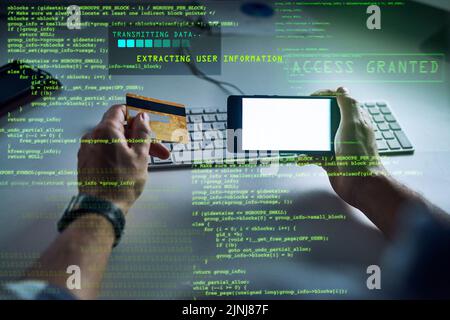 Hacker hacking, committing fraud or financial theft with bank credit card information technology and a phone app or software with CGI graphic data Stock Photo