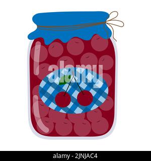 Jar with jam and cherry compote in cartoon style, vector isolated on a white background. Stock Vector