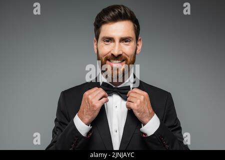 bearded man in suit smiling and adjusting bow tie isolated on grey,stock image Stock Photo