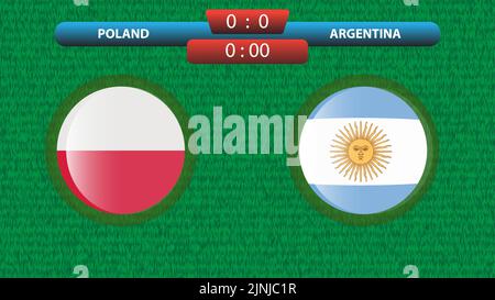 Poland vs Argentina scoreboard template for soccer tournament 2022 in Qatar. Group A match. Vector illustration. Sport template. Stock Vector