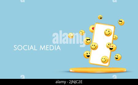 3D and different kinds of emoji with a smartphone. Realistic 3d. Vector illustration Stock Vector