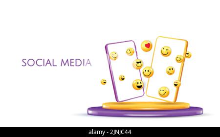 3D and different kinds of emoji with a smartphone. Realistic 3d. Vector illustration Stock Vector