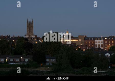 A view of Warwick town centre at dusk in summer, Warwickshire, UK Stock Photo