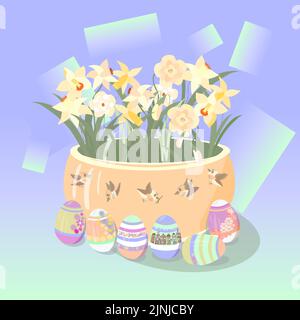 Easter greeting card with a bouquet of daffodils and Easter eggs Stock Vector