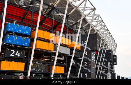 Doha. 15th Dec, 2021. Photo taken on Dec. 15, 2021 shows the exterior view of 974 Stadium which will host the 2022 FIFA World Cup matches in Doha, Qatar. Credit: Nikku/Xinhua/Alamy Live News Stock Photo