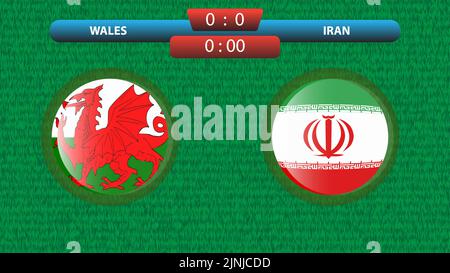 Wales vs Iran scoreboard template for soccer tournament 2022 in Qatar. Group A match. Vector illustration. Sport template. Stock Vector