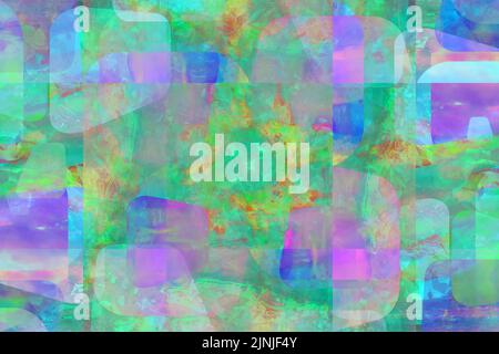 This image is a colorful random abstract square modern art collage with brushstrokes in green, lime, mint, purple, yellow & blue textured background. Stock Vector