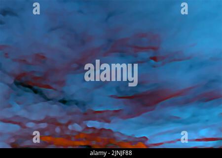 Blue and red colors abstract watercolor done with wet edges creating an artistic evening sunset with rolling clouds. Marbled stormy effect & texture. Stock Vector