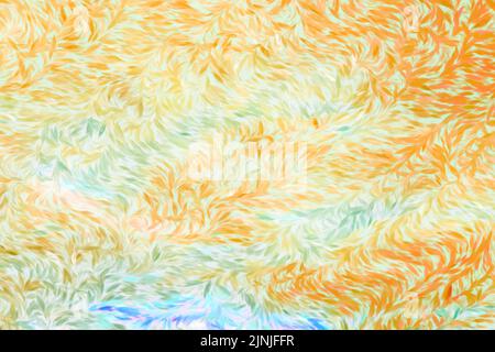 Abstract wheat field with water feature. The waving wheat is done in the abstract art impressionism style of Vincent Van Gogh. A golden background. Stock Vector