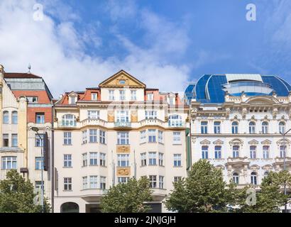 Houses on the Vaclavske Namesti (or Wenceslas Square), one of the main city squares of Prague, where there are large hotels, shops and cafes. Prague, Stock Photo