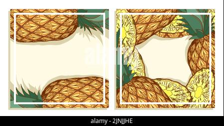 Festive square cards with pineapple fruit. Square templates for designing menus for restaurants and cafes. Cartoon vector isolated on white background Stock Vector