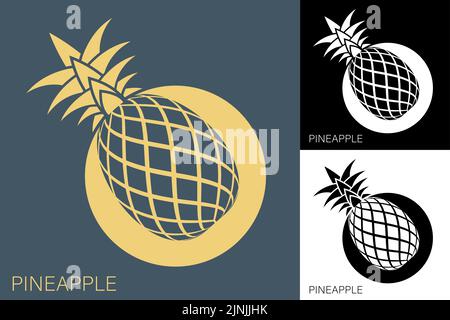 Juicy ripe pineapple symbol in circle. Harvesting tropical fruits. Simple black and white vector isolated on white background Stock Vector