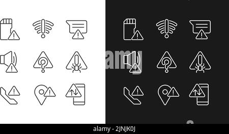 Electronic device issues pixel perfect linear icons set for dark, light mode Stock Vector