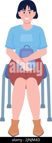 Woman with backpack sitting on chair semi flat color vector character Stock Vector