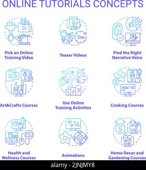 Online tutorials blue gradient concept icons set Stock Vector