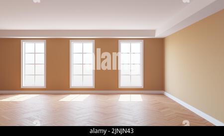 Beautiful Interior Concept of the Empty Beige Room with a White Ceiling and Cornice, Glossy Herringbone Parquet Floor, Three Large Windows and a White Plinth. 3d rendering, 8K Ultra HD, 7680x4320 Stock Photo