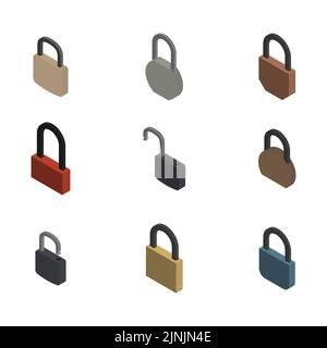 Set of different locks isolated on white background. Flat 3D isometric style, vector illustration. Stock Vector