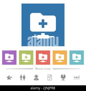 FTP create folder flat white icons in square backgrounds. 6 bonus icons included. Stock Vector