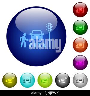 Pedestrian crossing icons on round glass buttons in multiple colors. Arranged layer structure Stock Vector
