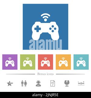 Wireless game controller solid flat white icons in square backgrounds. 6 bonus icons included. Stock Vector