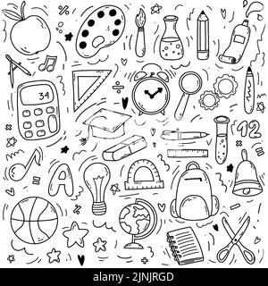 Set of doodle elements associated with school and knowledge. Back to school concept. School supplies as globe, ruler, backpack, pen, paints. Stock Photo