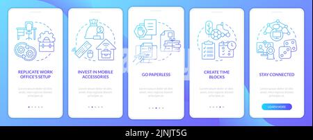 Remote work productivity tips blue gradient onboarding mobile app screen Stock Vector