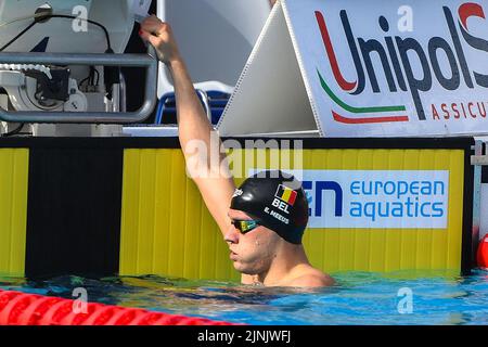Rome, Italy. 12th Aug, 2022. Belgian Elias Meeus pictured at the men's 100m Freestyle event at the swimming European championships in Rome, Italy, Friday 12 August 2022. The European Swimming Championships 2022 take place from 11 to 21 August. BELGA PHOTO NIKOLA KRSTIC Credit: Belga News Agency/Alamy Live News Stock Photo
