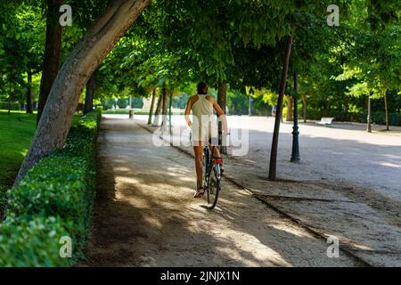 Retiro Park in Madrid on a summer day at sunrise with people doing sports on bicycles. Stock Photo