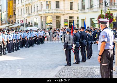 Brno, Czech Republic - 10.9.2021: Young police officers during the police promise ceremony, Brno main square (Namesti Svobody). Police officers are we Stock Photo