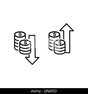 Dollar increase decrease icon. Money symbol with arrow stretching rising up and drop fall down. Business cost sale and reduction icon. vector illustra Stock Vector