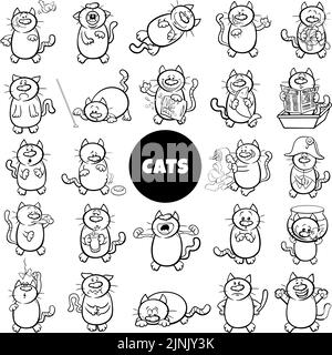 Black and white cartoon illustration of funny cats animal characters big set coloring page Stock Vector