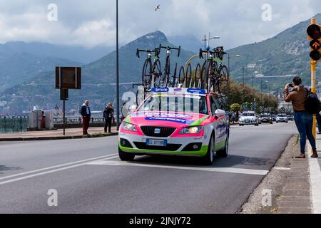 Italy, Salerno 06 May 2013: Cars accompanying different teams of cyclists to the Giro d'Italia cycling days Stock Photo