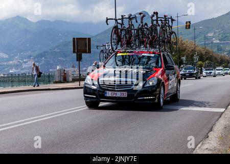 Italy, Salerno 06 May 2013: Cars accompanying different teams of cyclists to the Giro d'Italia cycling days Stock Photo