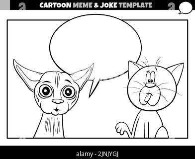 black and white cartoon illustration of meme template with blank comic speech balloon and funny cats Stock Vector