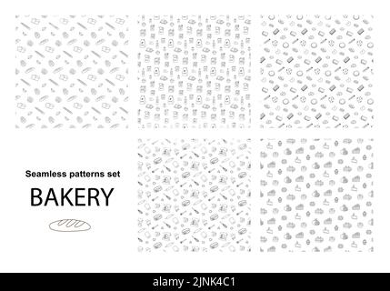 Set of monochrome line art seamless patterns baking bread cakes and cooking items Stock Vector