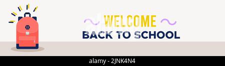Welcome back to school background. Colorful horizontal banner. Backpack icon. Concept of education. Vector illustration, flat design Stock Vector