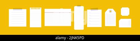 Stationery icon set. Paper notes, tag and cards set. Different lined, dotted and squared white paper notes. Back to school. Horizontal banner. Concept Stock Vector