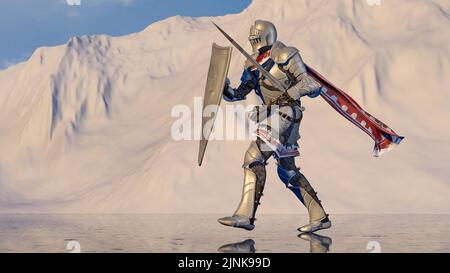 Medieval knight in the background of snowy mountains on a reflective surface of a frozen lake. 3d rendering Stock Photo