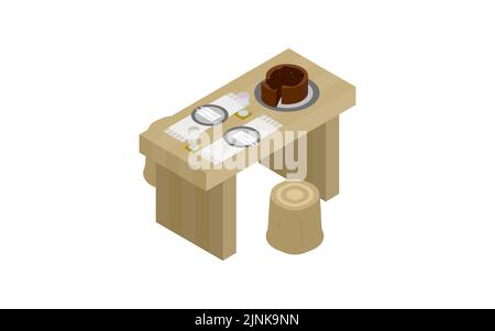 Table seat with chocolate cake isometric Stock Vector