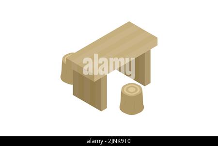 Illustration of wooden table and stump-style chair isometric Stock Vector