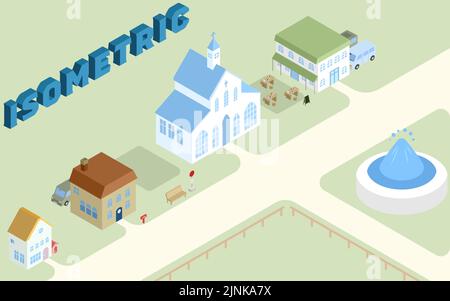 Isometric cute cityscape landscape illustration Stock Vector