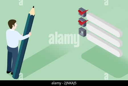 A man holding a pencil in front of the checklist isometric Stock Vector