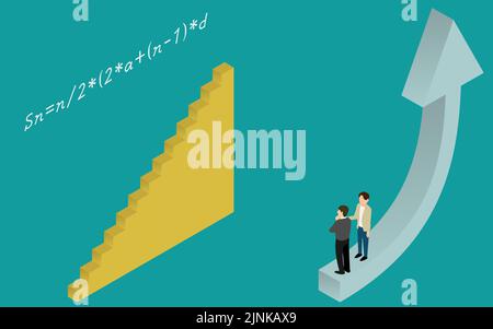 Arithmetic progression and rising arrow corporate strategy image isometric Stock Vector