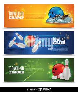 Bowling horizontal banners set with bowling champ club and leagues symbols realistic isolated vector illustration Stock Vector